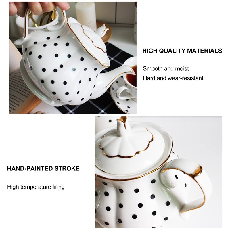 Jessie European Style Teapot Handmade Ceramic Teapot Pumpkin Fluted Shape Vintage Tea Party Set Gift (Polka dot) - Image 2